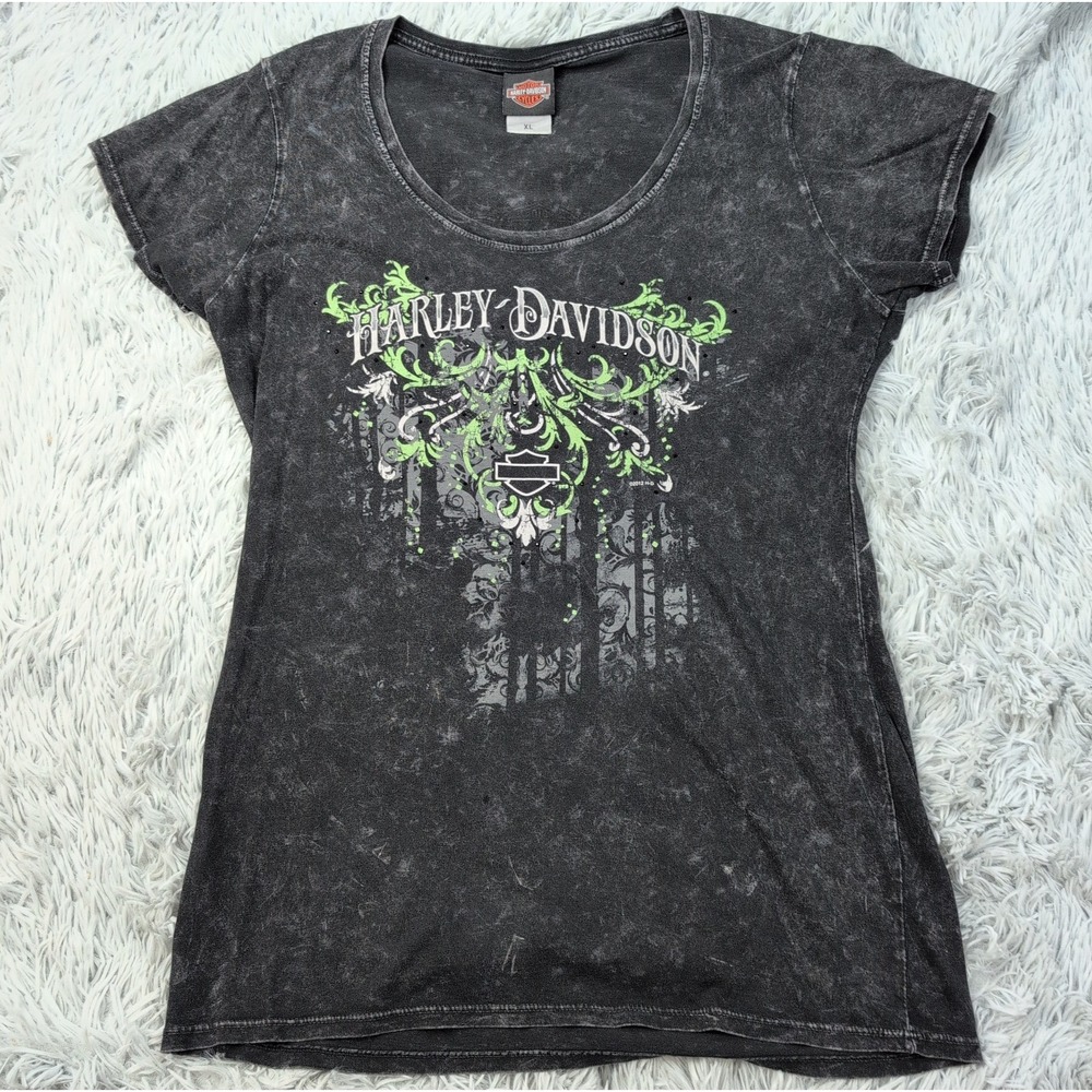 Harley Davidson Shirt Womens Black L Graphic Tee Okoboji Iowa Motorcycle